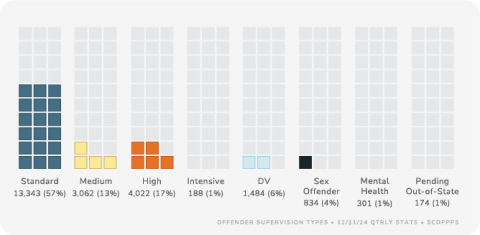 Offender supervision types stats: Standard 13,343 (57%), Medium 3,062 (13%), High 4,022 (17%), Intensive 188 (1%), DV 1,484 (6%), Sex Offender 834 (4%), Mental Health 301 (1%) and Pending Out-of-State 174 (1%).